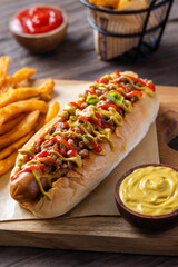 Juicy hot dog topped with minced meat, mustard, ketchup, and scallions on a soft bun, served with crispy fries and mustard dip on wooden tray over rustic table background in natural lighting