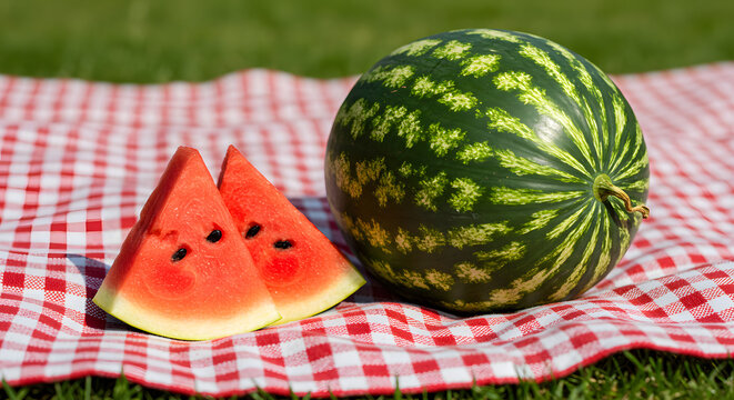 A whole watermelon and two juicy red slices on a classic red and white checkered picnic blanket spread out on green grass
