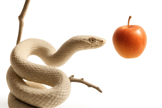Pale snake coiled on branch facing orange apple on transparent background