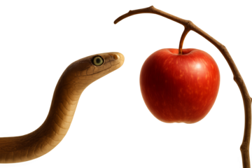 Brown snake staring at apple hanging on arched twig on transparent background