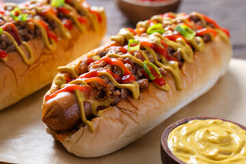 Close-up of juicy hot dogs topped with ground meat, mustard, ketchup, and green onions on soft buns, served on brown paper with mustard dip and rustic wooden background in natural lighting
