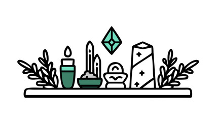 Spa and crystal shelf illustration in outline style