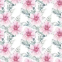 Print with flowers and greenery branches on white background. Watercolor seamless pattern. Hand drawn  illustration.