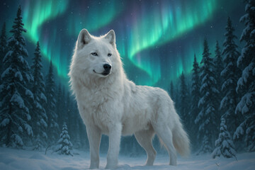 Obraz premium Arctic wolf standing proudly beneath the vibrant northern lights in a winter wonderland.