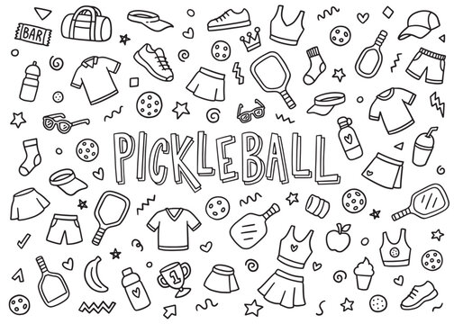 Pickleball doodle icons compilation set.  Vector doodle illustration set for web, t-shirt design, other graphic design use
