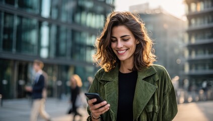 A stylish young woman smiles while using her phone on a city street bathed in warm sunlight, exuding confidence and modern charm.