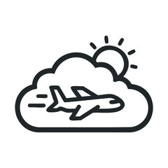 Line drawing of airplane flying through clouds with sun