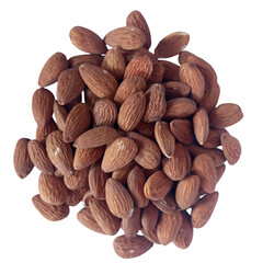 Heap of raw brown almonds on transparent background ideal for healthy eating, diet, snack and food concepts

