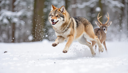 Naklejka premium Wolf running playfully in snow with deer in winter forest 
