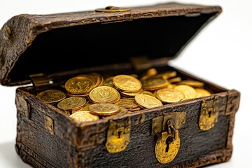 Open antique treasure chest overflowing with gold coins