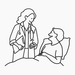 Doctor visiting patient in hospital line drawing vector