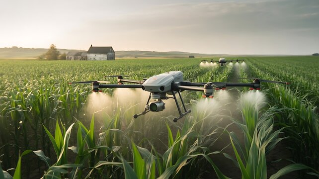 Agricultural drones spraying crops in a green field at sunset with farm buildings agriculture farming