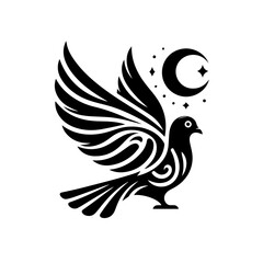 Obraz premium Stylized Black Dove with Crescent Moon and Stars 1.