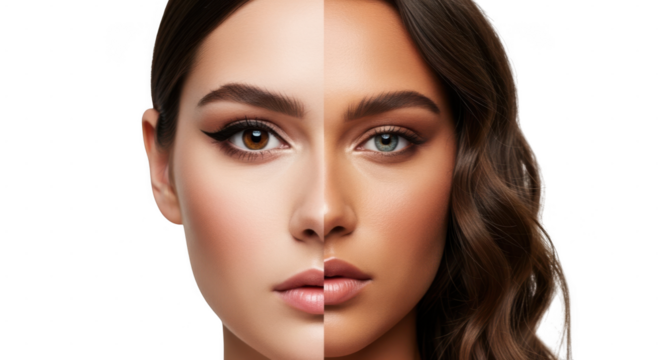 Split face showing a beauty transformation with different makeup and skin tones, isolated on transparent background