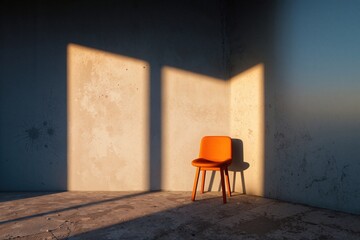 Minimal orange chair in empty textured room with dramatic sunlight and shadows on concrete floor and wall