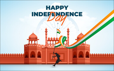 Happy Indian Independence Day Celebration Banner Design Template with Lal Qila Fort Illustration