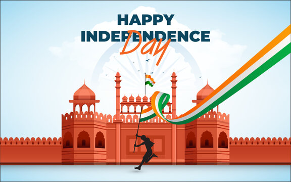 Happy Indian Independence Day Celebration Banner Design Template with Lal Qila Fort Illustration