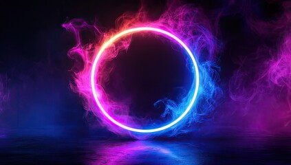 Obraz premium Neon ring encircled by smoke