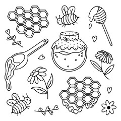 Lovely sketch set about honey made, storage and producing. Cute hand drawn outline doodle of honey glass jar, honeycomb with flowing syrup, childish bee for poster, design isolated on background.