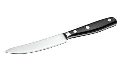 Sharp steel kitchen knives with a black handle, isolated on a white background, are essential cooking tools.