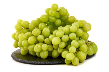 Green Grapes Bunch on Slate Plate, isolated on white background