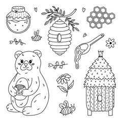 Lovely outline honey set with cheering teddy bear, wooden spoon with flowing nectar, hives, honeycomb. Kids hand drawn sketch doodle collection about eco sweets isolated on white background.