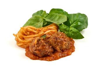 Spaghetti Meatballs with Tomato Sauce, isolated on white background