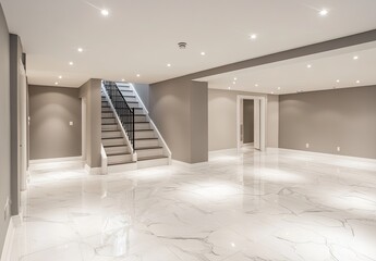 Modern basement interior with polished marble floors and neutral walls