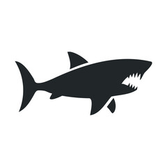 Obraz premium Silhouette of a great white shark with open jaws against white background