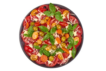 Tomato carpaccio with Basil and Mozzarella, isolated on white background.