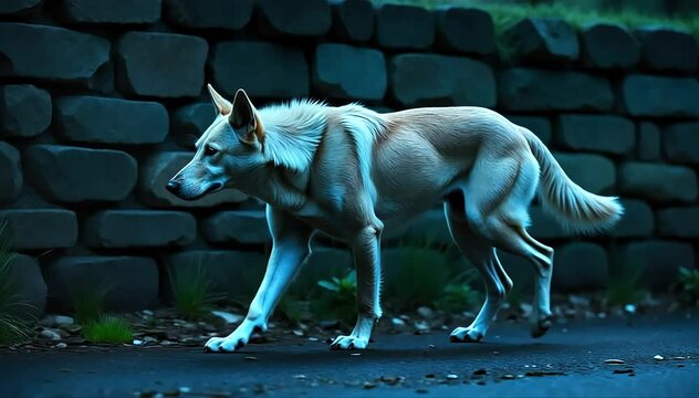 Irish wolfhound walking slowly beside a stone wall