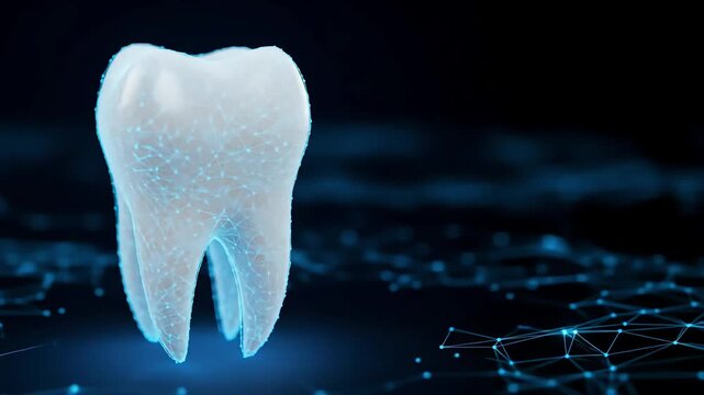 Abstract 3D Render Of A Tooth With Glowing Blue Digital Network Lines On A Dark Background