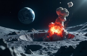 Dramatic explosion on lunar surface with Earth visible in starry sky. Spectacular sci-fi disaster scene showing crater blast with fire and smoke clouds.