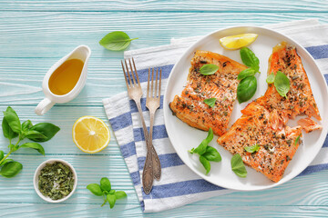 grilled salmon fillets with skin-on, top view