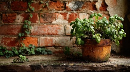 Basil herb plant in a terracotta pot, rustic brick wall background. Great for blogs, recipes, or adding a natural element to your designs.