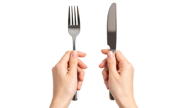 Two hands hold a fork and knife separately, symbolizing readiness for dining.