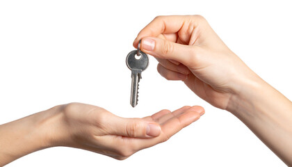 One hand is passing a key to another hand, symbolizing a handover or exchange of property.