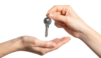 One hand is passing a key to another hand, symbolizing a handover or exchange of property.