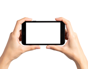 Two hands hold a black smartphone horizontally with a blank white screen, ready for content.