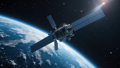 Obraz premium Satellite orbiting earth with sunlight and stars in dark outer space