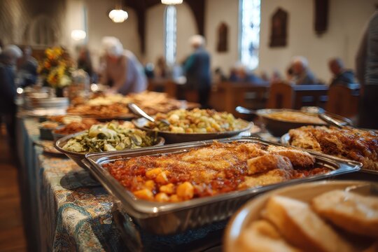 Buffet with lasagna, veggies, potatoes and bread is displayed in a church hall. It can illustrate community, fellowship, or a church potluck dinner.