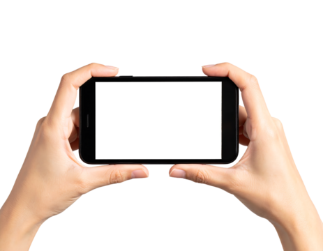 Two hands hold a black smartphone horizontally with a blank white screen, ready for content.