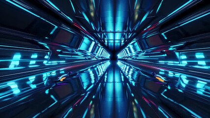 a high definition view neon lit corridor vivid pink blue orange hues creates surreal passageway leading bright light evoking futuristic vibes sci fi music fashion forward - Powered by Adobe