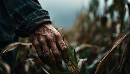 A weathered hand rests amidst a field of corn stalks suggesting a life of labor and connection to the land evoking themes of resilience and nature.