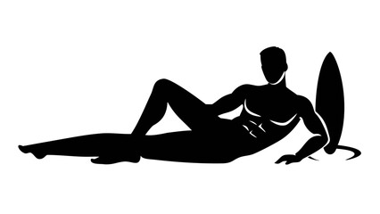 Silhouette of Relaxation: A tranquil silhouette captures the essence of leisure, featuring a relaxed individual reclining beside a surfboard, embodying the spirit of coastal serenity.