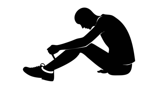 Silhouette Runner Tying Shoe: A monochromatic silhouette of a runner focuses intently, tying a running shoe, ready to spring into action. Minimalist art reflects the essence of sports and focus. - Powered by Adobe