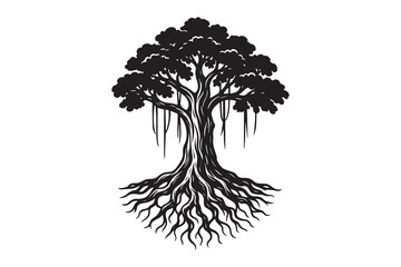 Banyan tree silhouette with white background