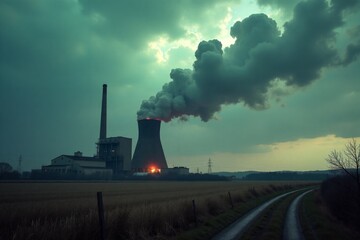 Industrial power plant with smoking cooling tower against dramatic stormy sky. Environmental pollution and climate change concept illustration.