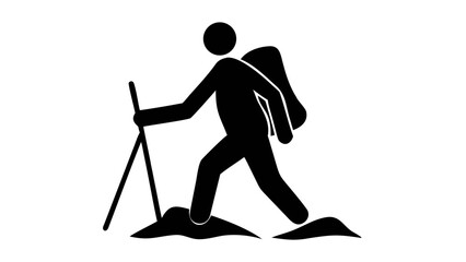 Hiking Pictogram: A minimalist monochrome pictogram depicts a hiker, trekking with a walking stick and backpack, navigating a rugged terrain, symbolizes exploration and outdoor activity.