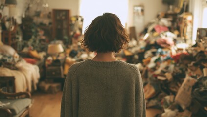 A woman stands overwhelmed by the clutter and chaos of a room filled with belongings, contemplating the daunting task ahead.